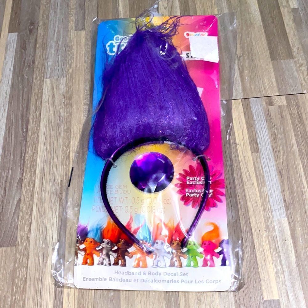 Good Luck Hair Troll Headband and Gem Body Decal Cosplay Accessory Set retro